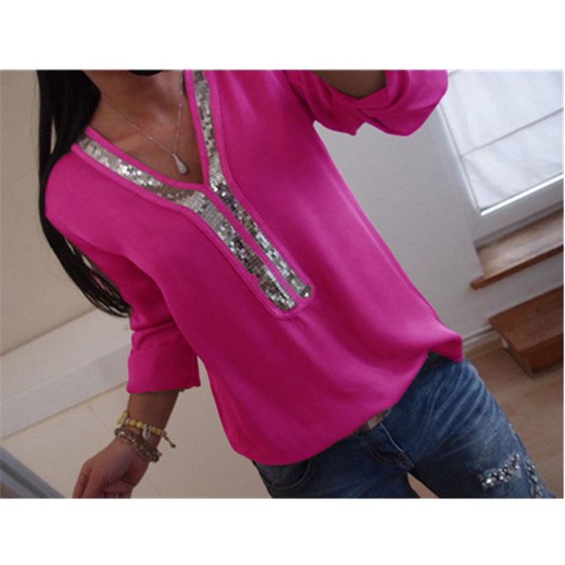 

Элегантные женские топы с длинным рукавом, V-образным вырезом и пайетками, блузка повседневного кроя больших размеров ярко-розовый