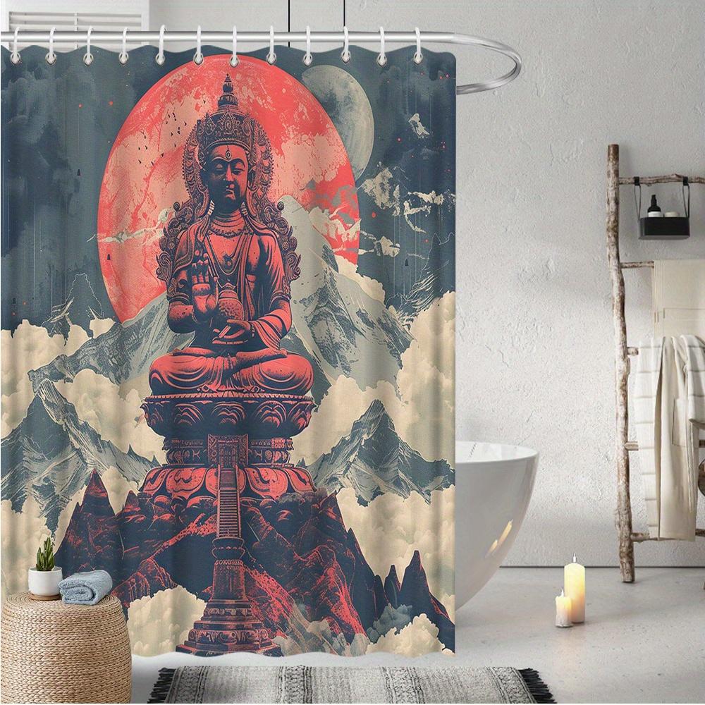 Tonnika Chen Red Buddha Theme Shower Curtain, Serene Statue With Glowing Moon & Mountains, Mystical Design, Polyester, Stylish Bath Decor