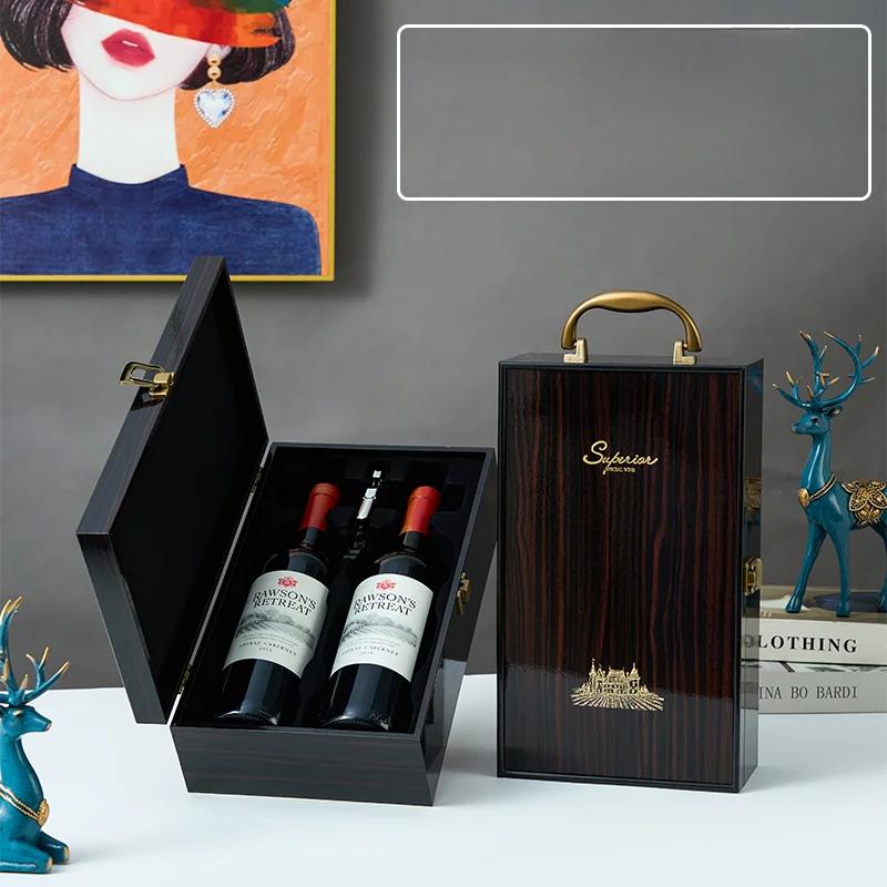 Single/Double Leather Box Wine Bottle Box Luxury Handle Wooden Organizer Gift Wood Wine Holder for 2 Red Wine Packaging