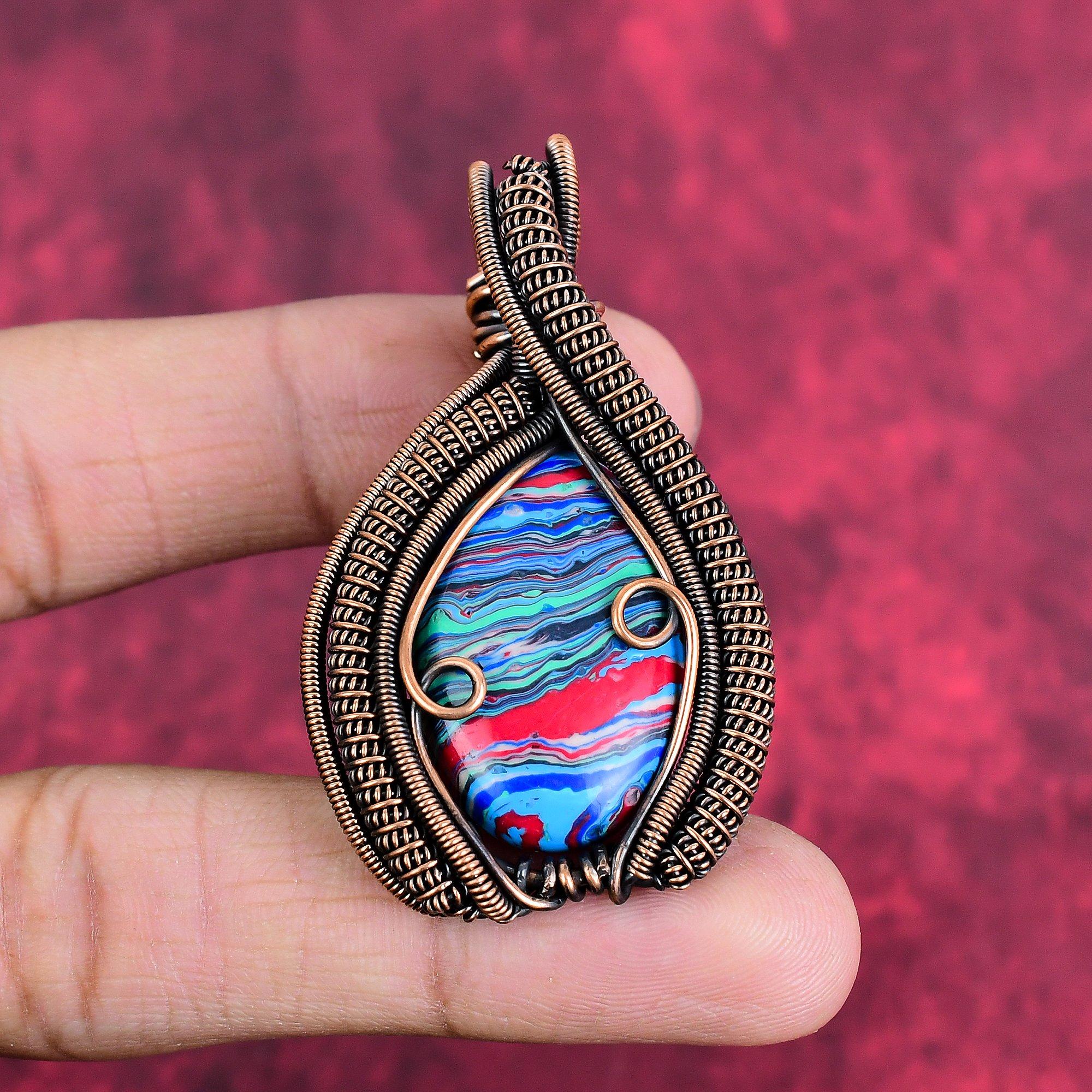 Rainbow calsilica pendant copper wire wrapped jewelry natural gemstone pendant handmade jewelry copper wire wrapped pendant gifts for friend