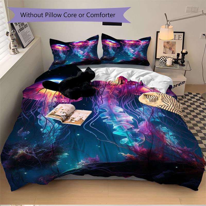 3pcs Colorful Jellyfish Bedding Set - Includes One Quilt Cover and Two Pillowcases (No Core) - Anime Cartoon Design for Bedroom Decorations.