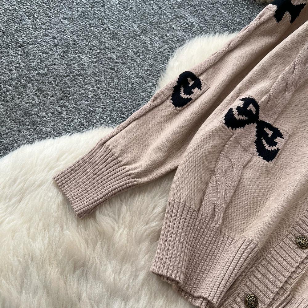 Autumn Winter Sweet Bow Jacquard Sweater and Pants Two-Piece Set Women's Knitted Cardigan High-Waisted Wide-Leg Pants Suits