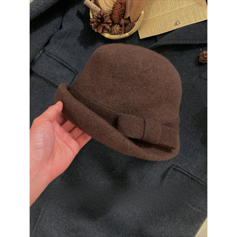 Curly Wool Bow Top Hat for Women Winter French Dome Gold Hat Showing Face Small Fisherman Hat Basin Hat
