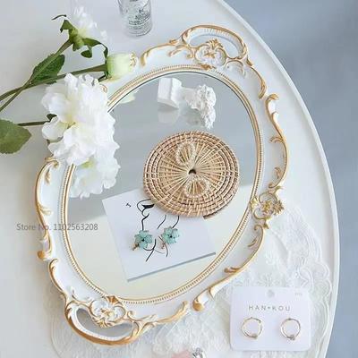 French Decorative Plate Plastic Storage Tray Oval Plate Jewelry Display Mirror Posing Props Dessert Tray Decor Make Up Mirror
