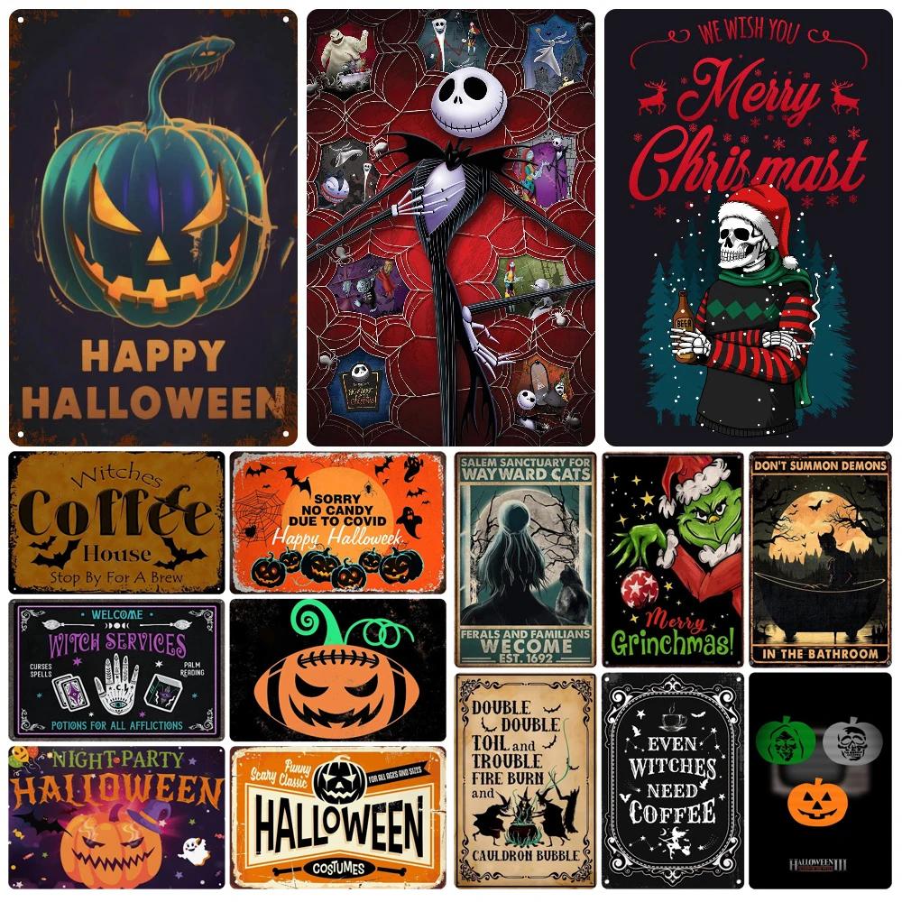 Halloween Vintage Metal Sign Pumpkin Ghost Sticker Pub Club Black Cat Lady Plate Wall Art Decor WY178