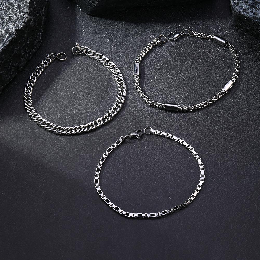 Titanium Steel Hand Jewelry Trendy Punk Layered Bracelet Cuban Chain Dragon Bone Chain Stainless Steel Bracelet Three-Piece Set