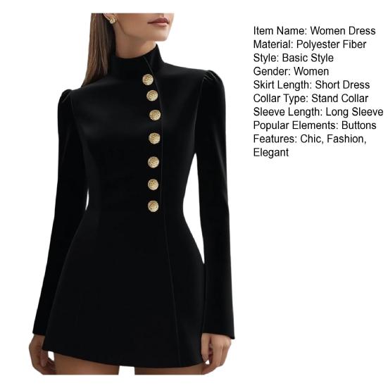 Stand Collar Work Dress for Women Long Sleeve Single-Breasted Suit Dress Formal Church Office Sheath Dress