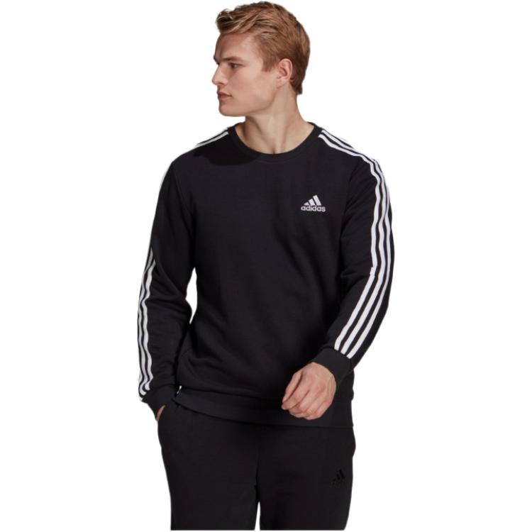 Adidas Solid Color Logo Print Three-Stripe Crewneck Sweatshirt Men Tops Navy GK9079