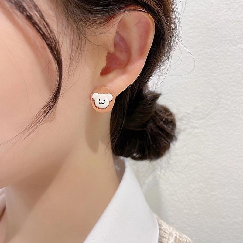 Korea Dongdaemun, Simple and Cute Round Bear Stud Earrings Female, Earrings Internet Celebrity Asymmetric Earrings Silver Needles