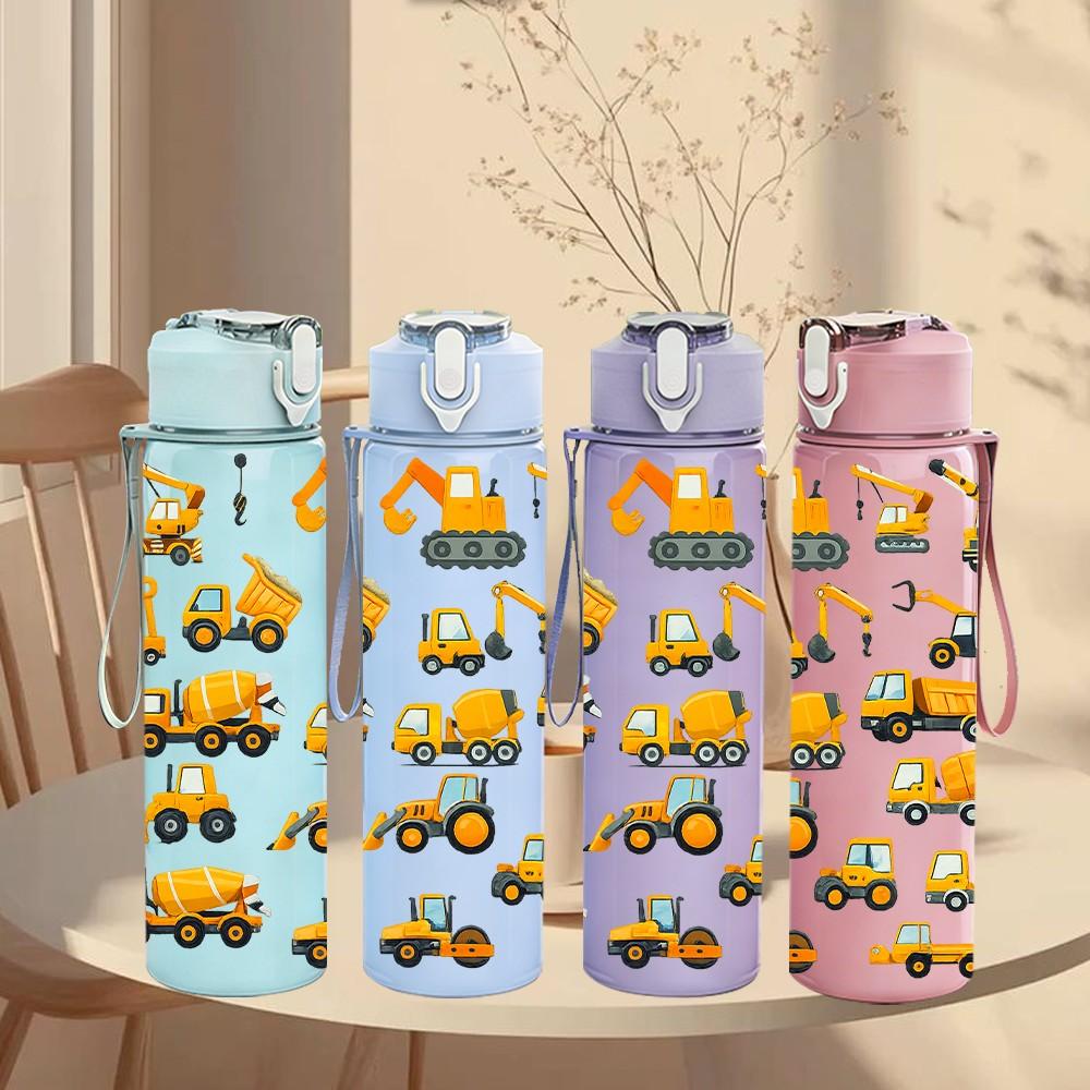 1PC Construction Truck Cartoon Print 750ml Color Plastic Sports Water Bottle Leakproof Flip Straw Lid Suitable for Sports Office Home Use