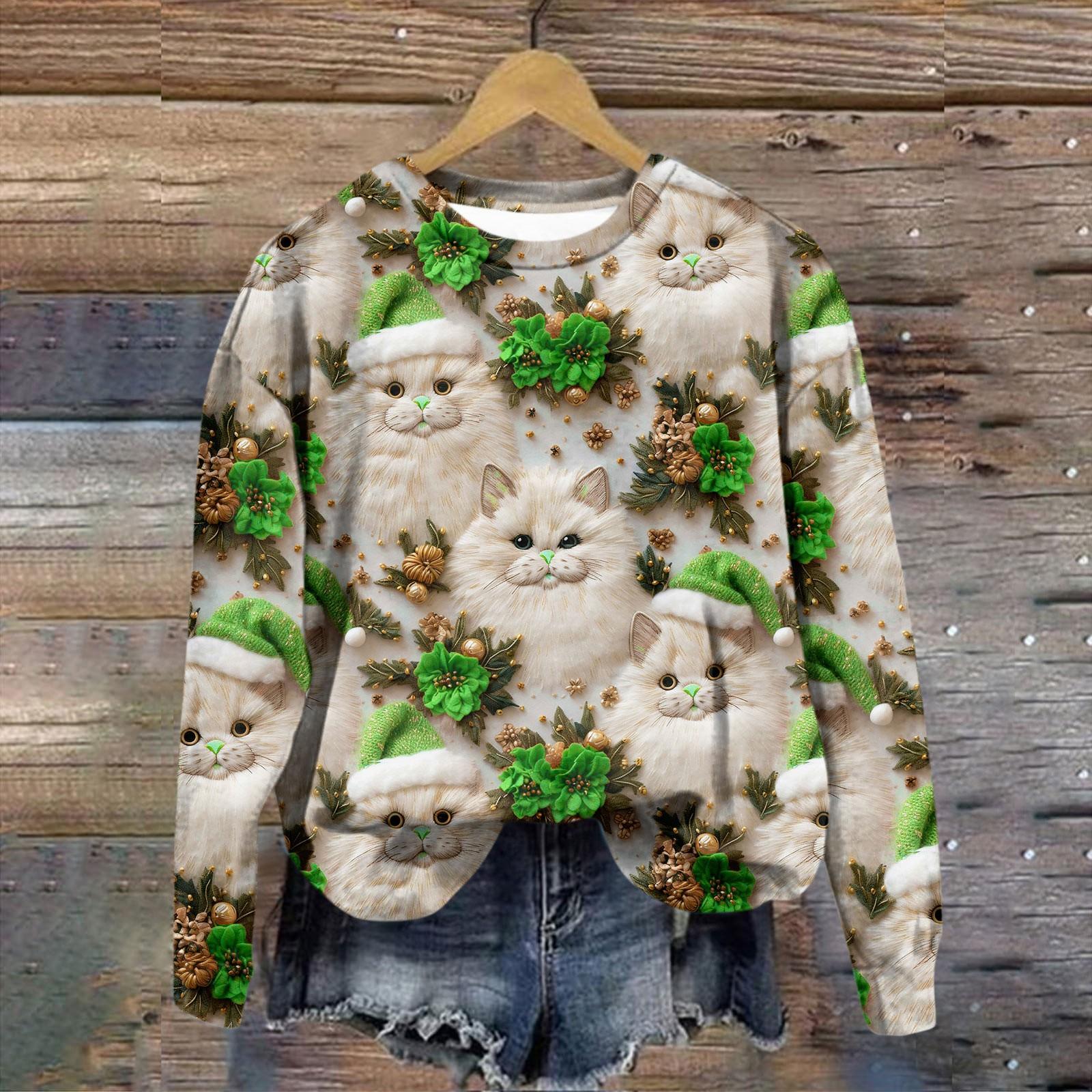 

Женская повседневная модная рождественская печать с длинным рукавом и круглым вырезом, пуловер, верхняя блузка XXXL зелёный