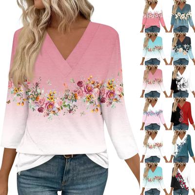 3/4 Length Sleeve Womens Tops V Neck Casual Tunic Tops Basic Shirts Loose Fit Blouse