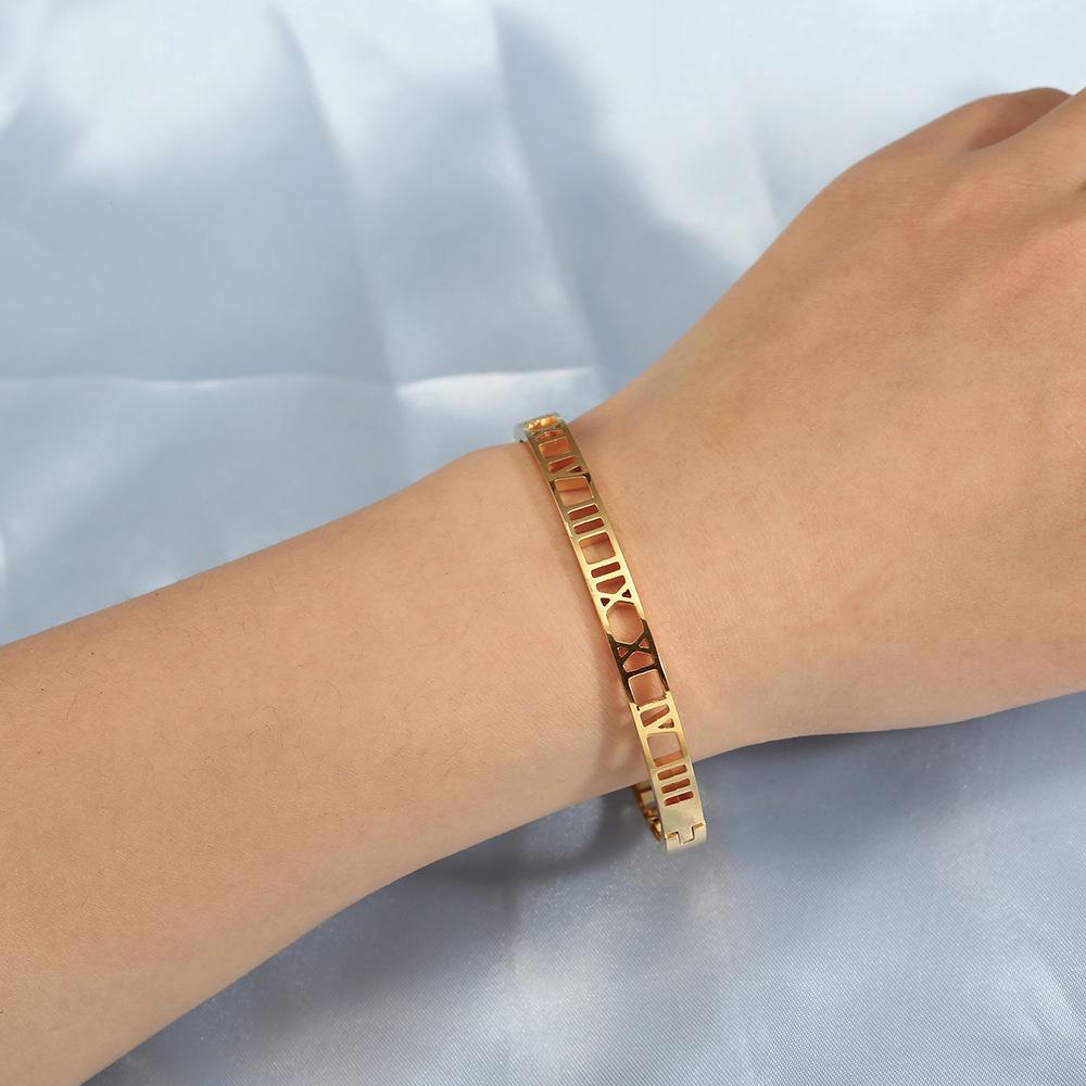 Roman Numeral Hollow Titanium Steel Couples Bracelet