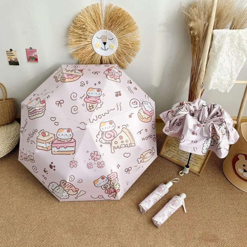 Cute Student Fully Auto Umbrella Black Glue UV Protection Sunshade Foldable Windproof Sun Rain Dual Use Parasol