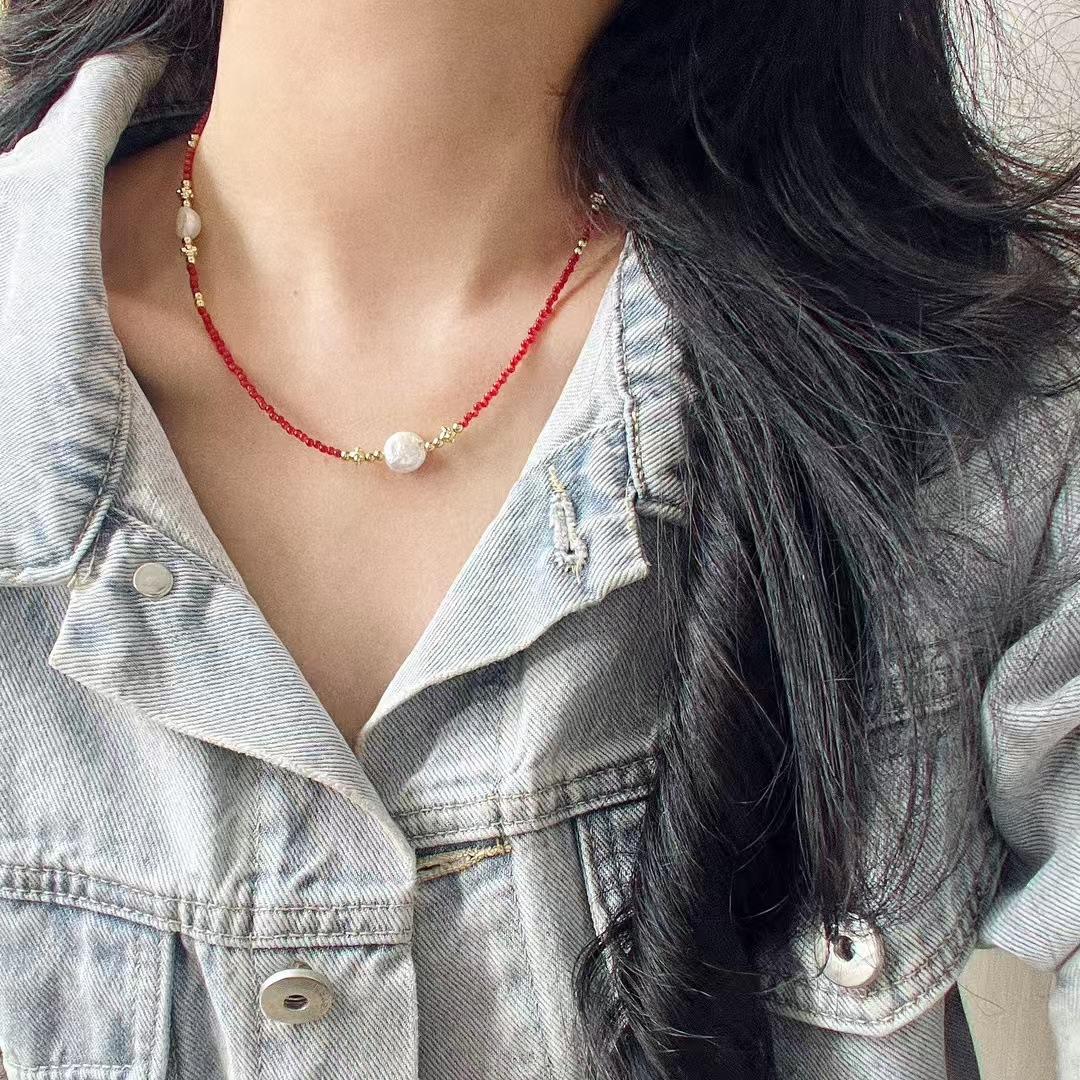 

Vintage Natural Baroque Freshwater Pearl Faux Ruby Design Sense Collarbone Chain Necklace