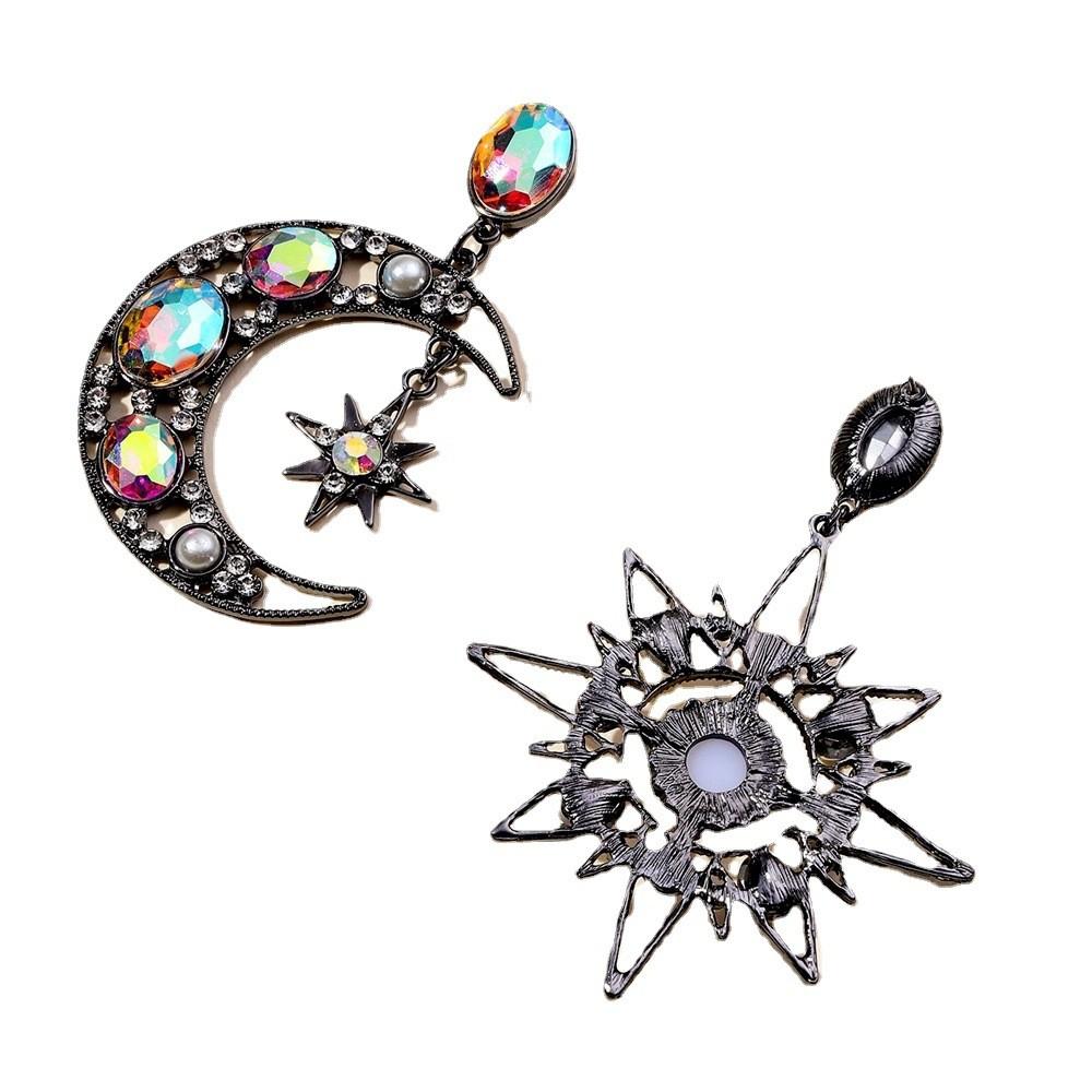 Fashion Crystal Water Drop Earrings With Moon Star Asymmetric Design For Women