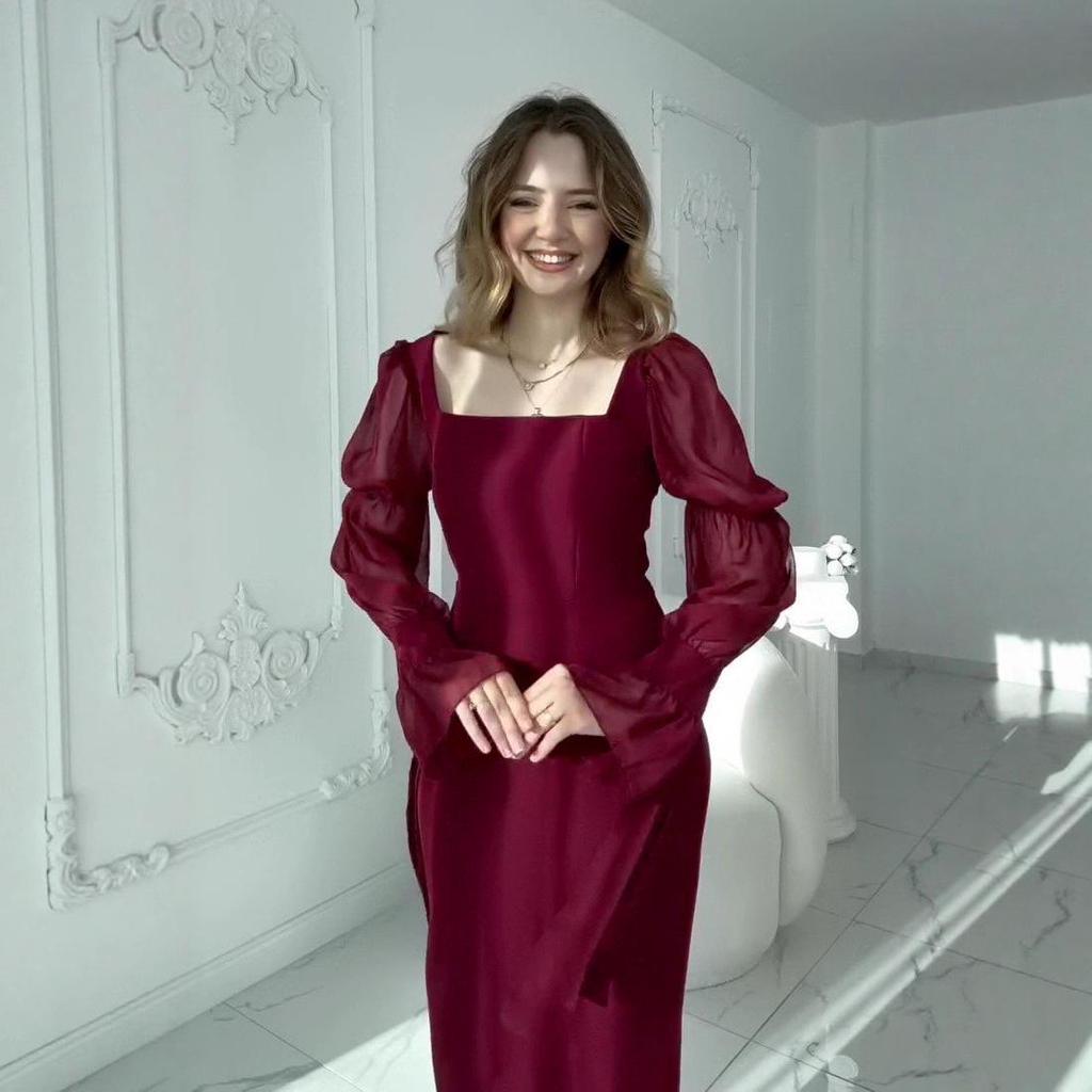 2025 Summer Elegant Square Neck Flare Sleeve Waist-Cinching Slim Dress for Women