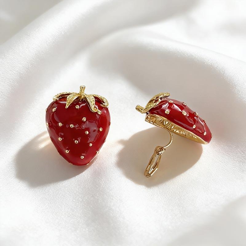 Orecchini Grande Fragola Senza Foratura Carini Smalto Rosso Clip-On Delicati Placcati Oro Frutta Orecchini Statement Per Donne Uso Quotidiano