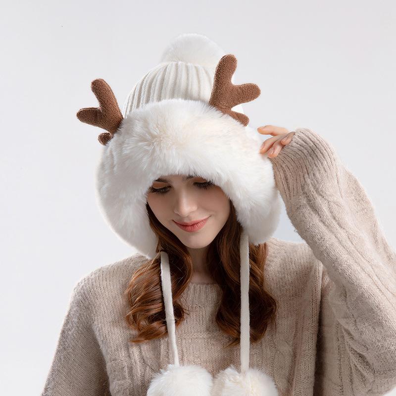 New Antler Knitted Woolen Hat Plush Ear Protection Head Hat Korean Version Three Hairy Ball Thick Warm Hat Women