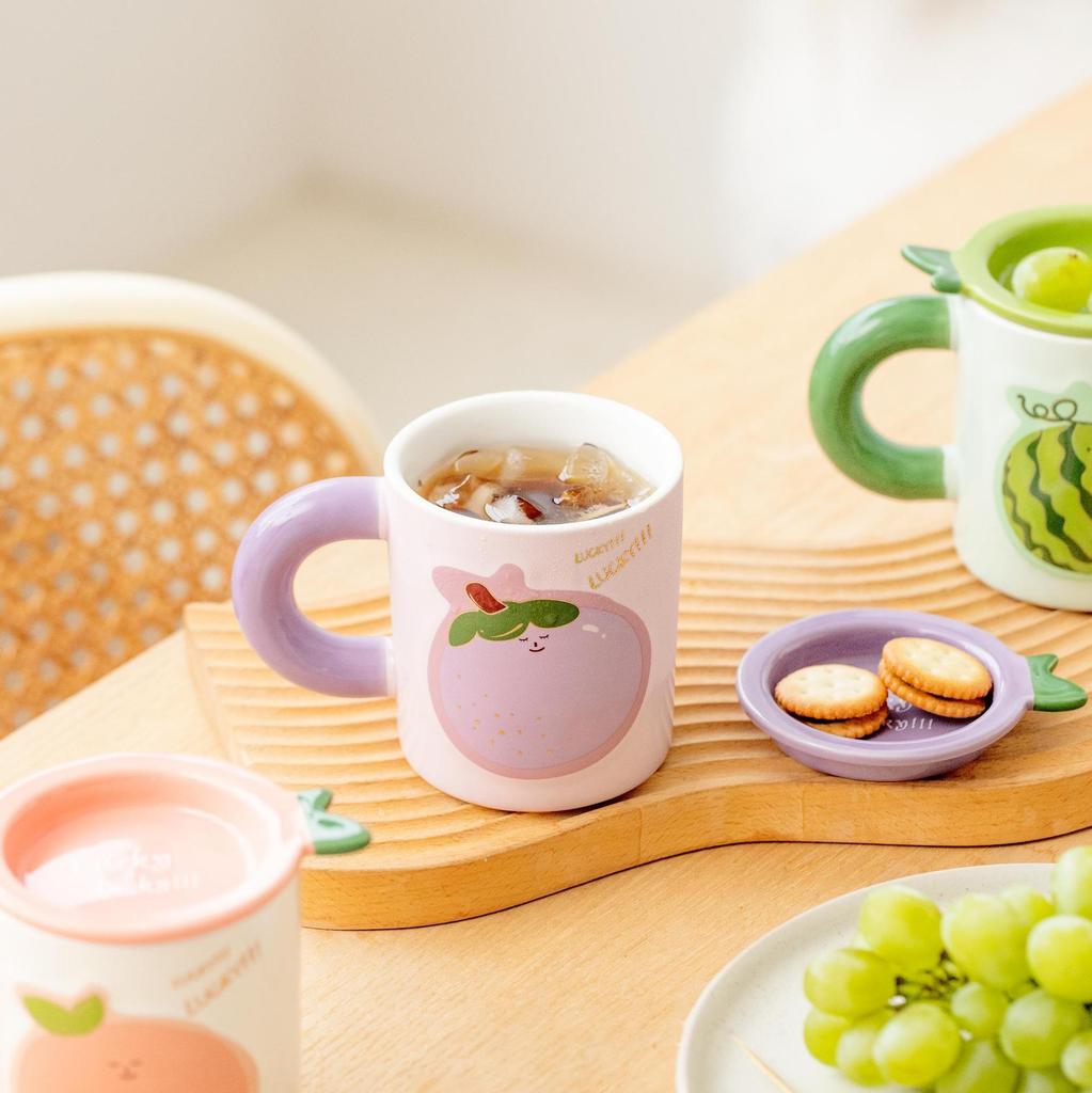 Summer Fruit Ceramic Cup with Lid Mug Couple Coffee Cup Student Drinking Water Cup Breakfast Cup Gift Box
