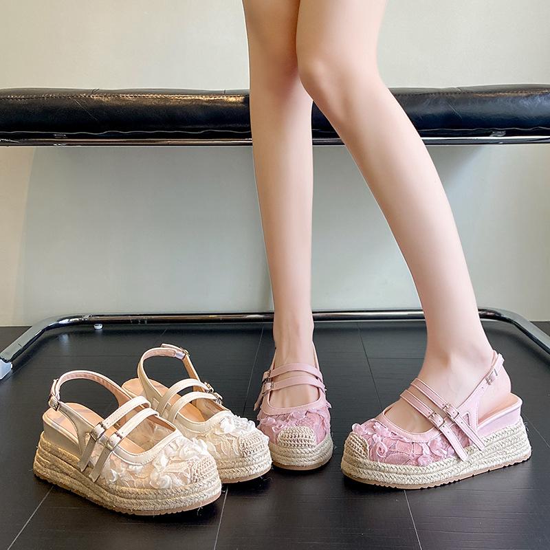 Fashion 2025 Summer Closed Toe Sandals Women's New Lace Mesh Hollow Breathable Platform Shoes Straw Fisherman Shoes with Skirt