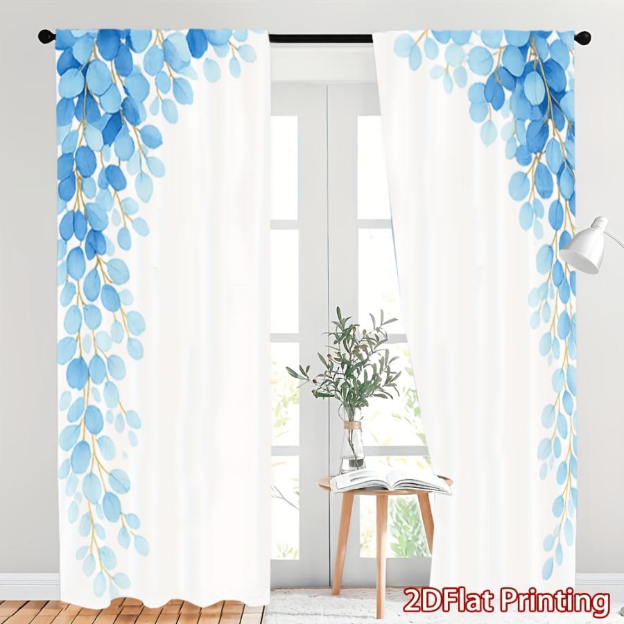 Digital Printed Curtains, Blue Leaf Weeping Branches Pattern, Stylish Window Treatment for Living Room Bedroom Decor