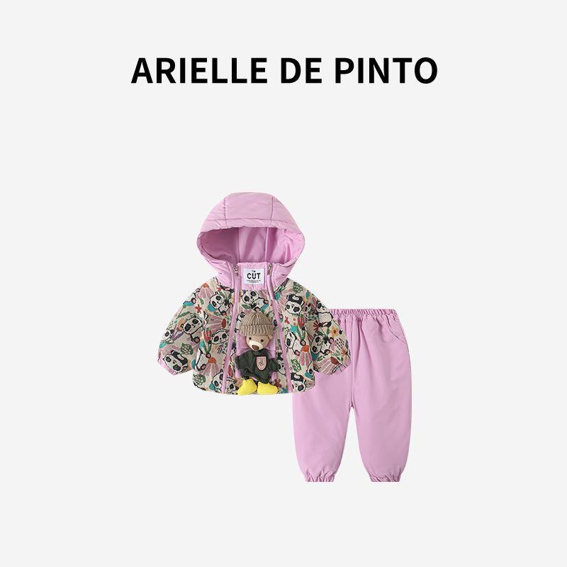French Arielle De Pinto Girls  Bear Hooded Cotton Coat Set Winter Clothing Cute Girls  Thickened Children s Clothing Purple 140