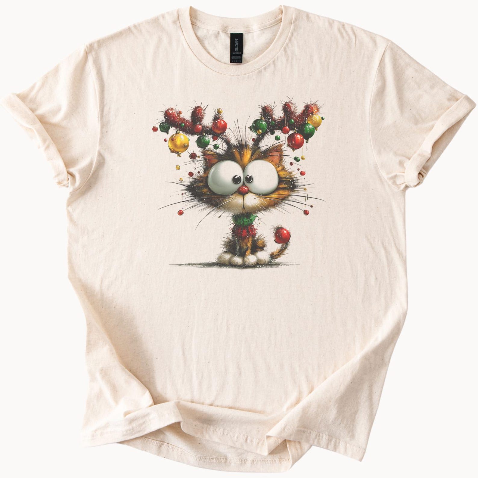 Cute Christmas Cat T Shirt Funny Holiday Kitty Big Eyes Graphic Festive Whimsical Animal Tee 100