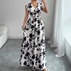 2026 European and American Women's Clothing, Standing Short-sleeved Lace-up Waist Dress, Printed V-neck Dress