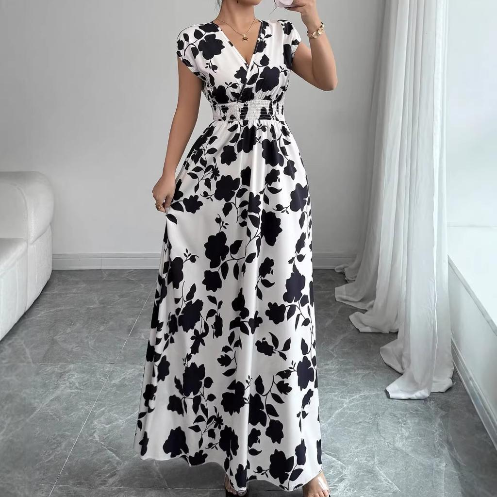 2026 European and American Women's Clothing, Standing Short-sleeved Lace-up Waist Dress, Printed V-neck Dress