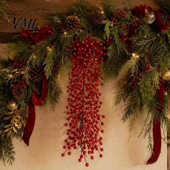 Artificial Red Berry Sprays Swag Branch, Christmas Rustic Style Wall Indoor Outdoor Festive Ornament Hangings, Seasonal Waterfall Pendant for