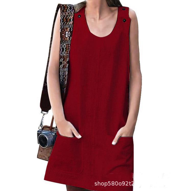 2019 Summer Women's Pocket Button Cotton Linen Overall Dress