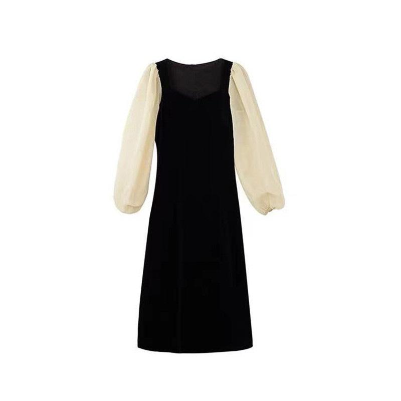 Hepburn Style Dress Women's Early Autumn New French Retro Slim Splicing Bubble Sleeves Black Velvet Dress