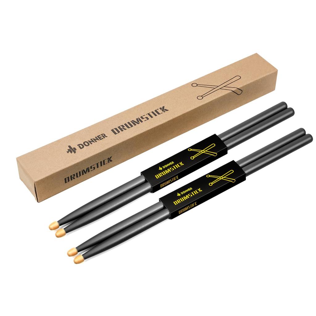 Donner Drumsticks, Set of 2, 5A Maple Wood, Practice Pad, Snare Drum, Percussion Sticks, with Storage Case, Black, Christmas, Birthday Gift