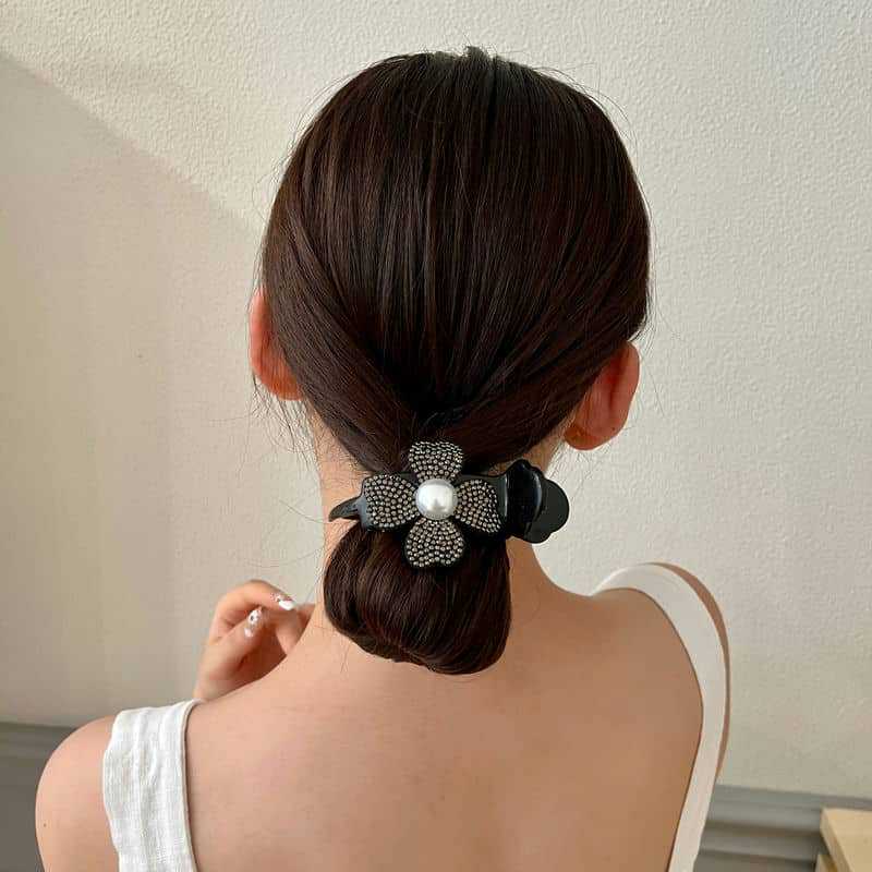 3Pcs Water Diamond Pearl Flower Ball Head Gripper Female Temperament High Ponytail Hair Clip with A Clip At The Back of The Head