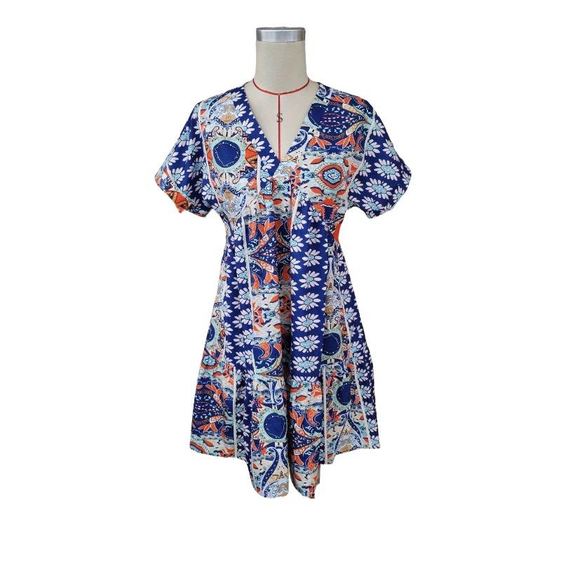 Women's Vintage Floral Print V-neck High-waisted Batsleeve Holiday Dress