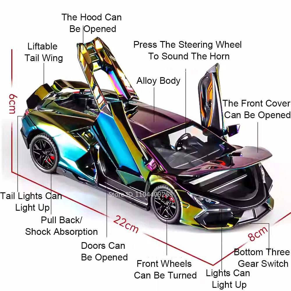 1:24 Scale Lambor Revuelto FKP37 Car Model Toy Metal Diecast Sound Light Pull Back Simulation Cars Models for Boys Collection