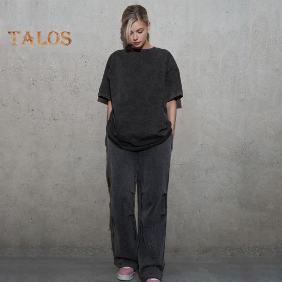 Damen T-Shirt Rundhals Kurzarm Loose Fit T-Shirt Einfarbig Washed Distressed Retro Pullover Tops Streetwear