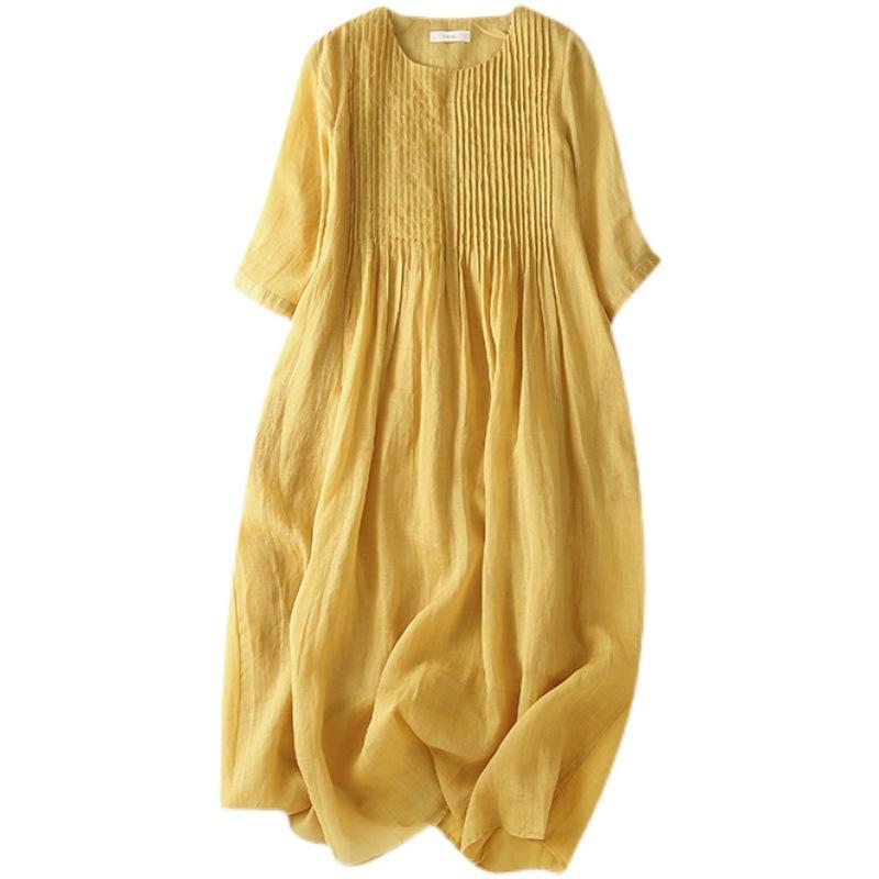 2025 Summer New Retro Heavy Industry Pleated Cotton and Linen Dress Women's Loose Large Size Solid Color Medium and Long Dress