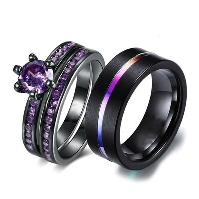 Fashion Couple Rings For Women Purple Rhinestones Zircon Rings Set Simple Titanium Steel Men Ring Wedding Party Jewelry Gifts