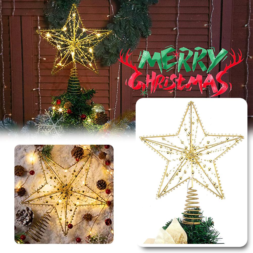 Christmas Tree Topper Star with LED String Light Glitter Christmas Tree Top Star Lamp for Christmas