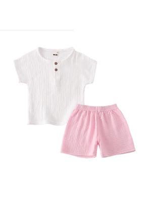 Kids' Cotton-Linen Summer Set: Short Sleeve Top & Shorts - Unisex Baby and Toddler Two-Piece Solid Color