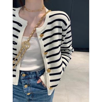 Vintage Striped Round Neck Knitted Cardigans Women Autumn Loose Short Style Outer Women's Sweaters Jacket Elegant Slim Casual Winter Cardigan 25642