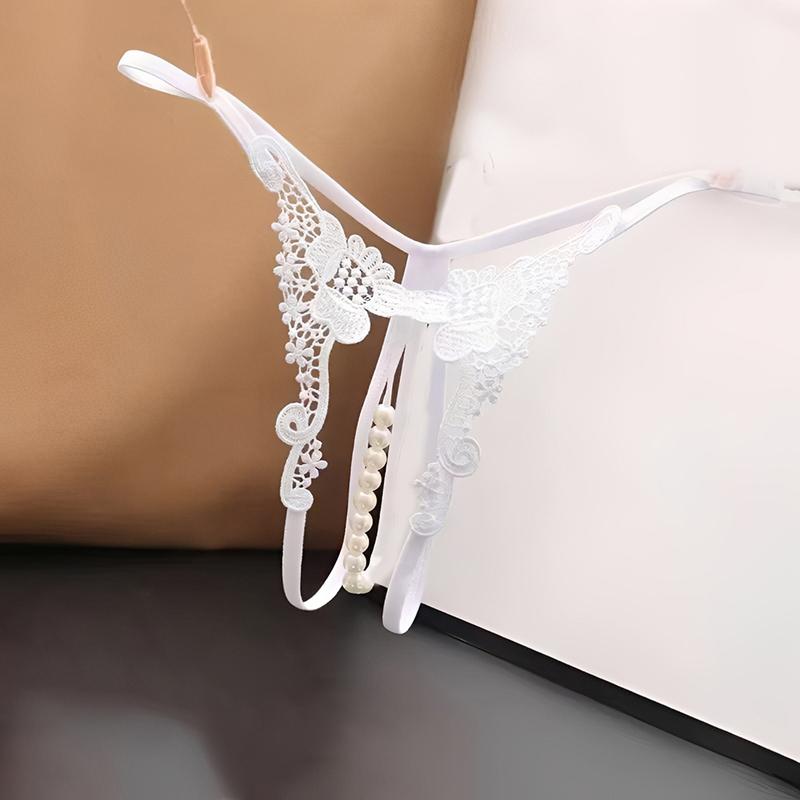 Transparent Embroidered Sexy Pearl Thong Panties With Open Crotch And Low Waist