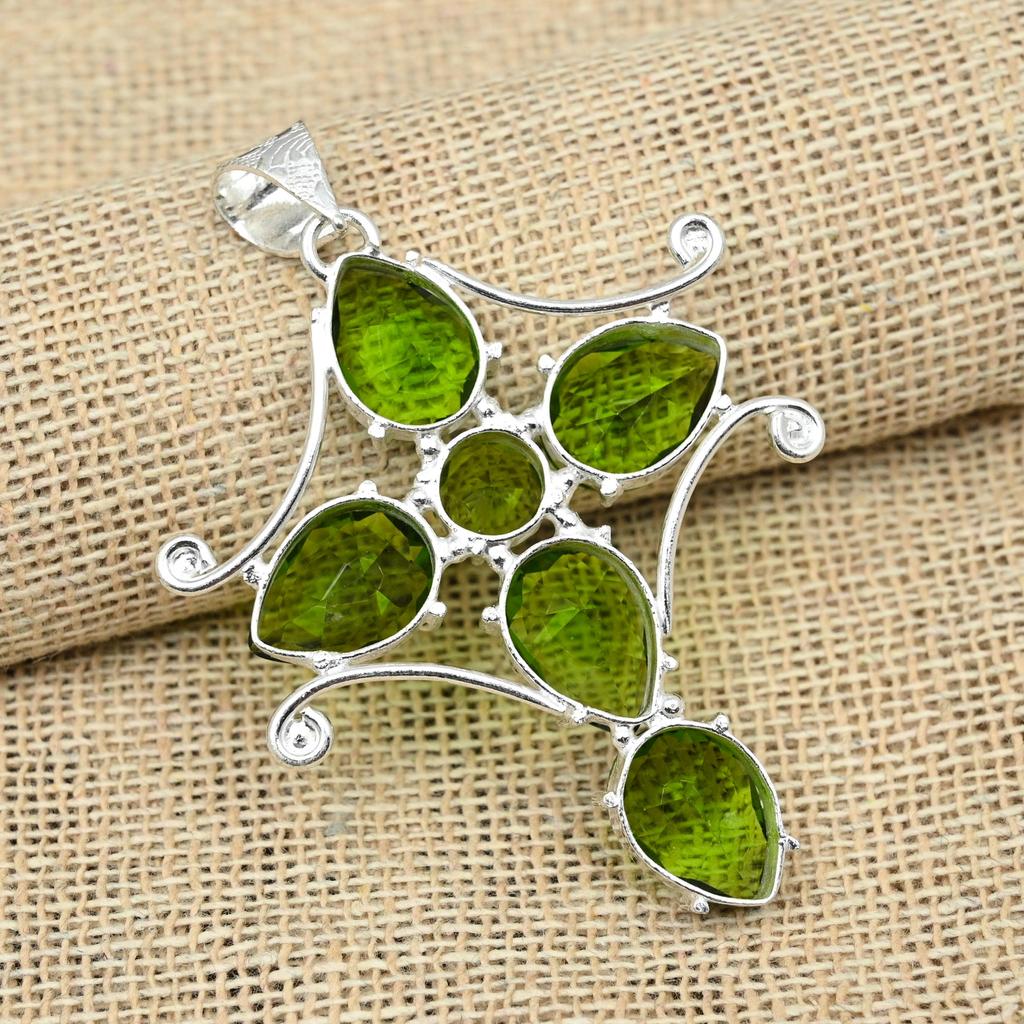 Pingente de cruz feito à mão com pedra preciosa peridoto verde 925 joias de prata esterlina sólida presentes para aniversário