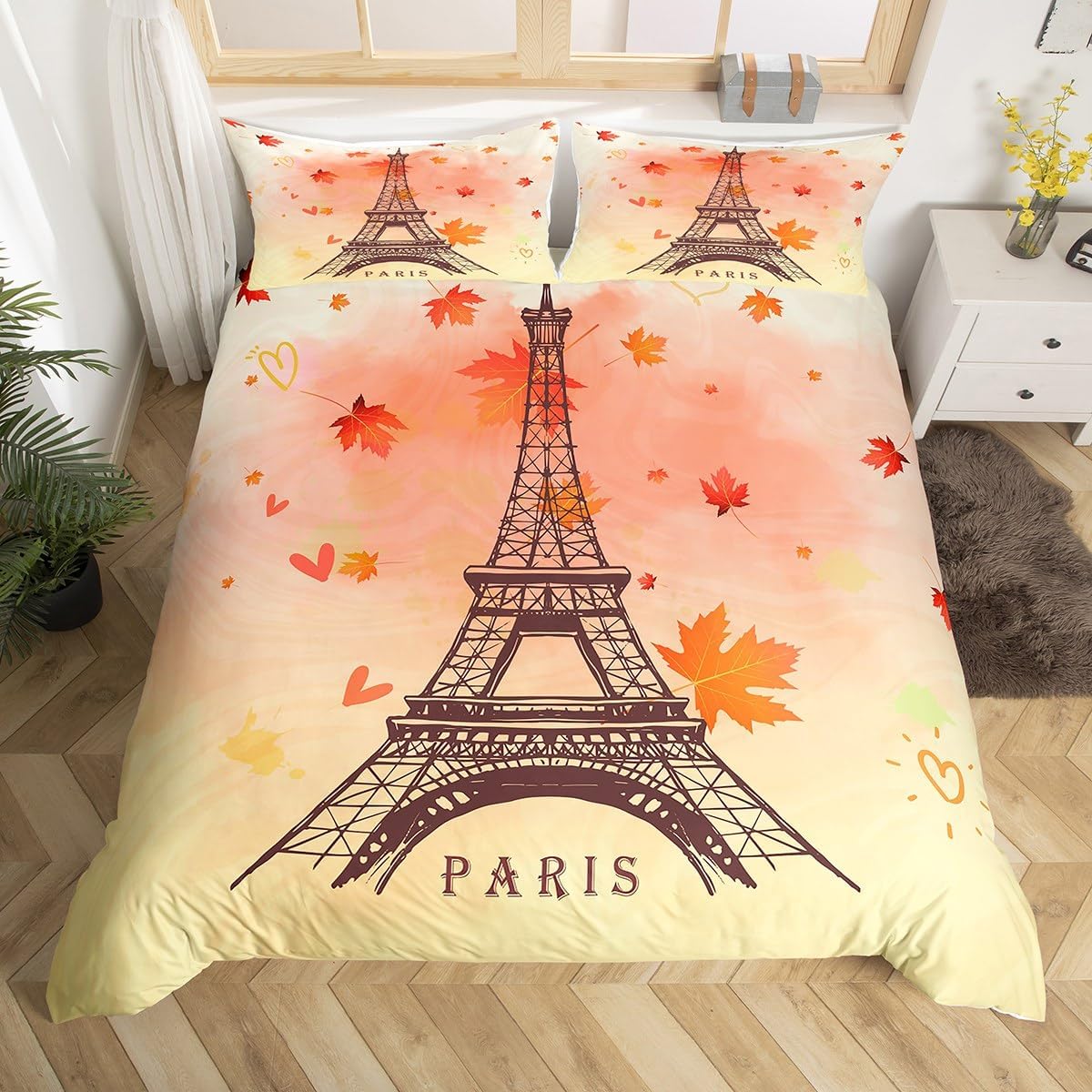 

Eiffel Tower Duvet Cover Twin King Rustic Farmhouse Maple Leaves Comforter Cover Microfiber Romantic Theme Bedding Set 2/3 Piece EU Single(135*200cm)3pcs