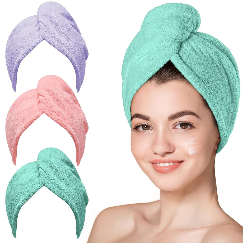 Microfiber Hair Towel, 3 Packs Hair Turbans for Wet Hair, Drying Hair Wrap Towels for Curly Hair Women Anti Frizz (Blue,Grey,Pink)