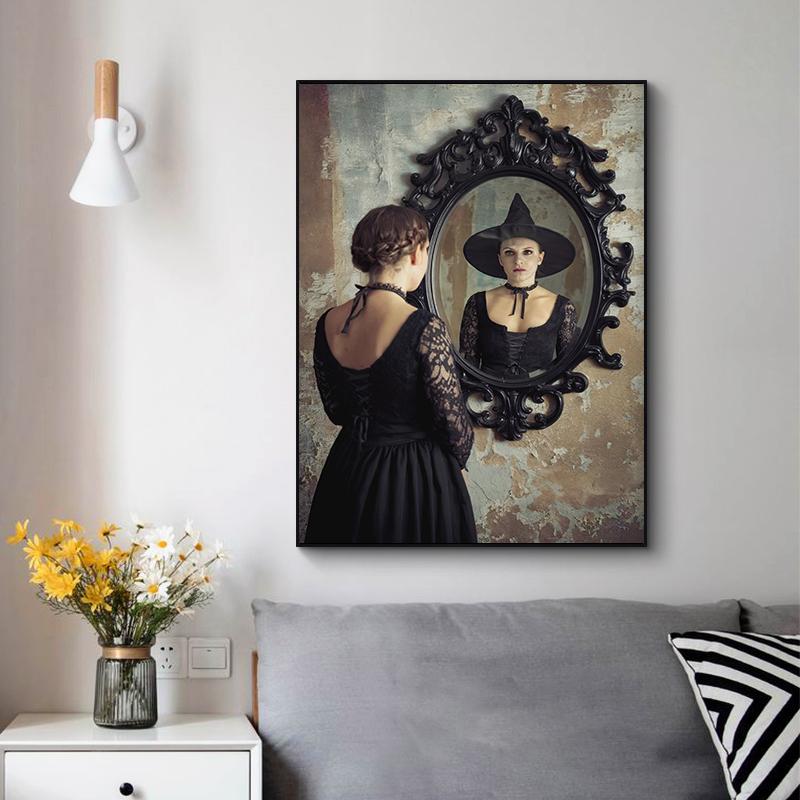 Dark Vintage Witch Halloween Posters Haunted House Pumpkin Girl Creepy Mansion Canvas Painting Wall Art Pictures Home Room Decor
