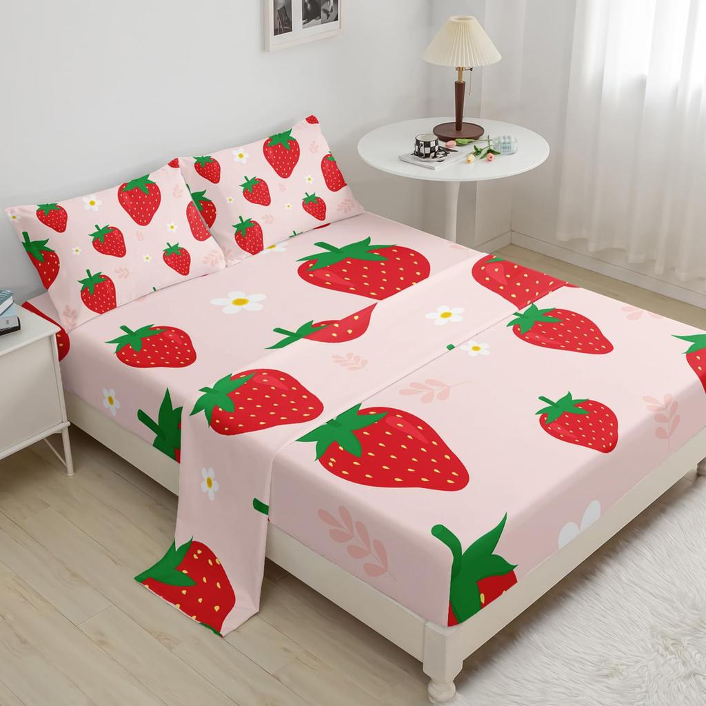 Cartoon Fruit Strawberry Pattern Bed Hat Four-Piece Bedding Set Bedroom Dormitory Bedding Decoration