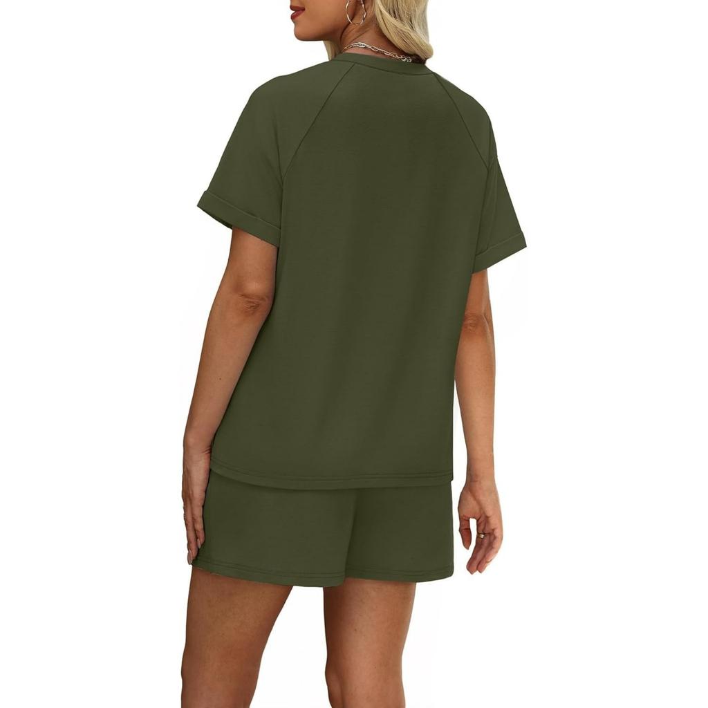 Women's Casual Pullover Top and Shorts Set Loose Fit Solid Color Two Piece Outfit Soft Fabric Lightweight Summer Loungewear